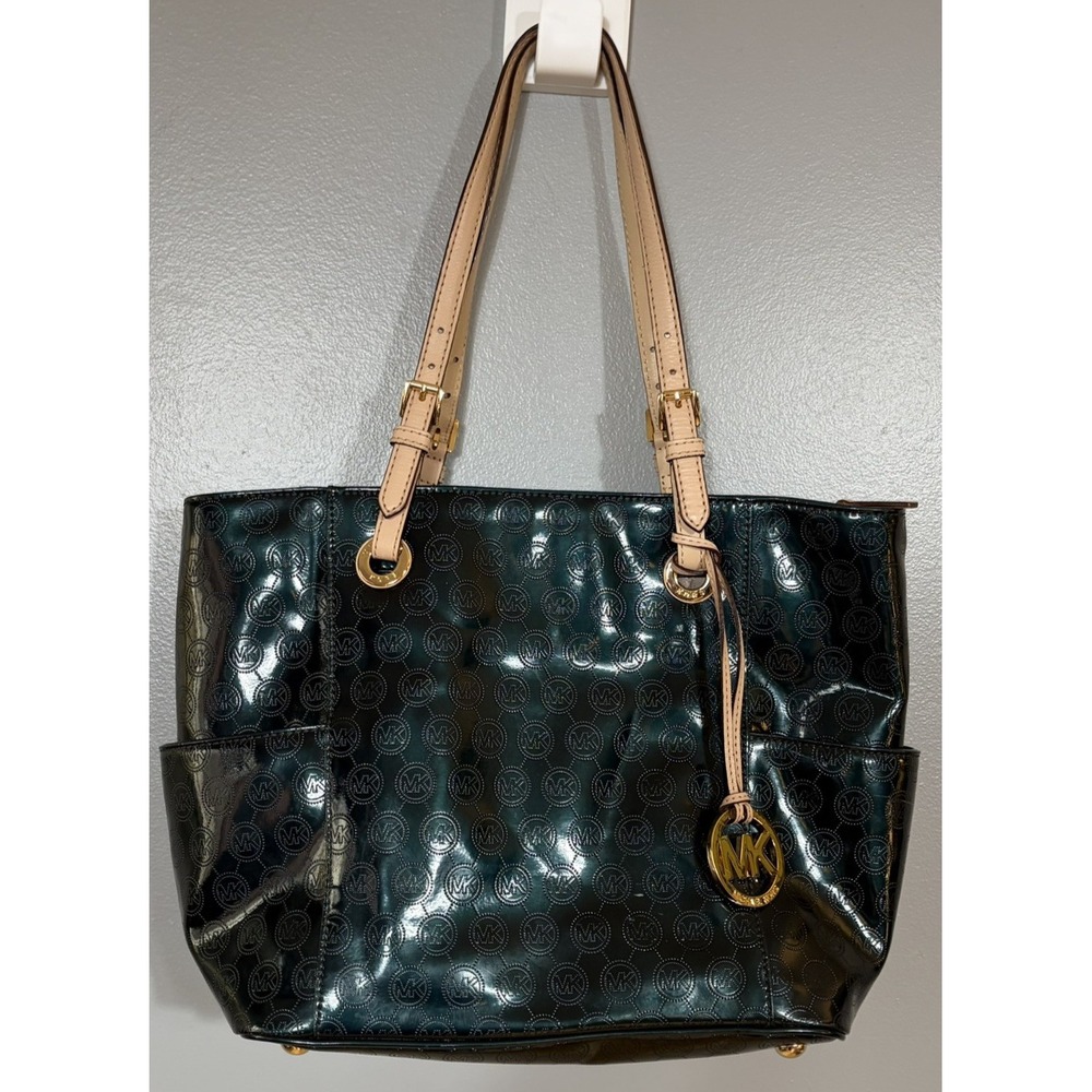 MICHAEL KORS Jet Set Signature Tote Purse Top Shoulder Handbag Monogram Black